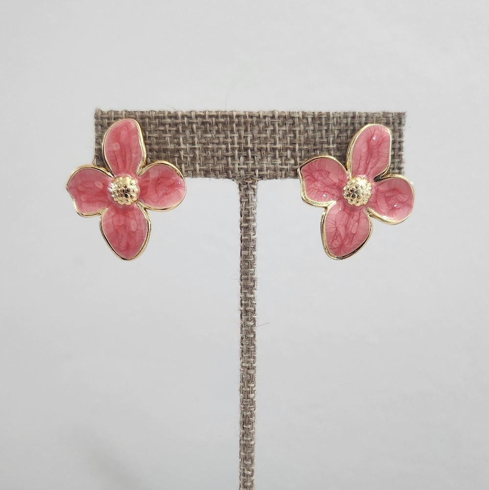 Gold & Pink Enamel Floral Stainless Steel Stud Earrings - Picture 8 of 10